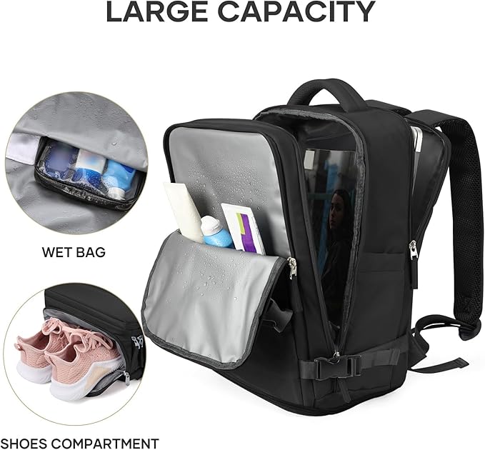 coowoz Travel Backpack For Women Men,Carry On Backpack Flight Approved,Hiking Backpack Water-Resistant Outdoor Sports Rucksack Casual Daypack Fit 15.6 Inch Laptop Shoes Compartment (Black) - Image 4