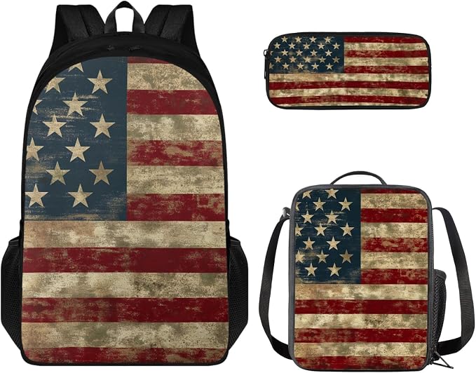 Coloranimal American Flag 3Pcs Backpack Set with School Bag Mini Lunch Bag Pencil Case School Backpack with Adjustable Shoulder Straps 17 Inch Large Capacity Book Bag by Coloranimal