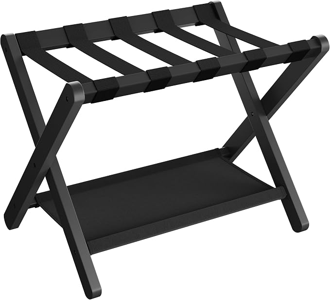 SONGMICS Luggage Rack, Folding Suitcase Stand with Storage Shelf, for Guest Room, Hotel, Bedroom, Heavy-Duty, Holds up to 131 lb, Classic Black URLR007B01 by Unknown