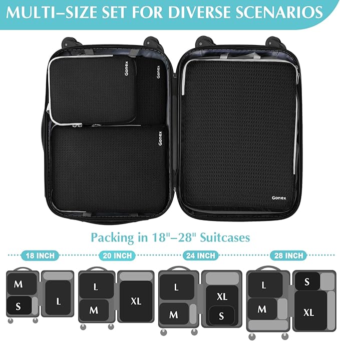 Gonex Compression Packing Cubes, 4pcs Expandable Storage Travel Luggage Bags Organizers(Black) - Image 5