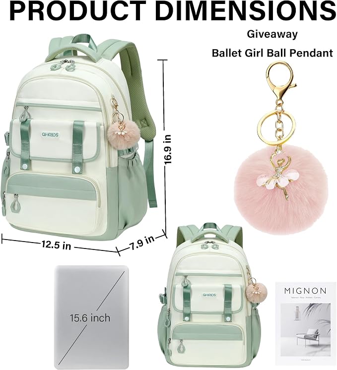 School Backpack for Girls, 3PCS Laptop Backpack 15.6 Inch with Lunch Box Pencil Pouch Set for Kids Teens Elementary Middle High School College Bookbag Student Casual Travel Daypack,Green Beige - Image 6