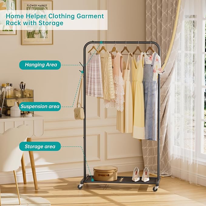 SINGAYE Wardrobe Standing Closet Clothing Rack With Shelf Hanging Clothes | Wardrobe Open Compact Small Metal Garment Hanger Stand Alone Free Standing Black Closet Rack Storage Organizer Heavy Duty - Image 8