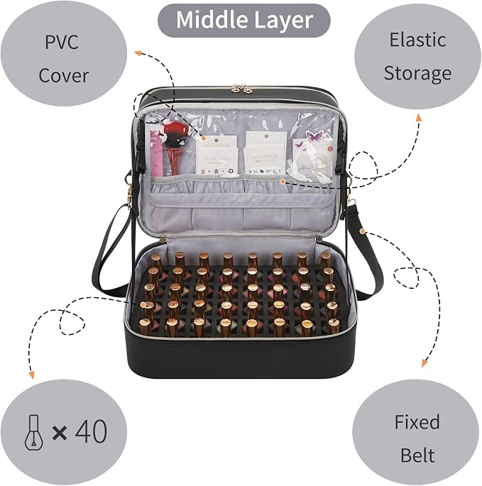Ethereal Nail Polish Organizer Case, Leather Nail Polish Bag Holds 50+ Bottles (5ml/0.5fl.oz) and Nail Lamp, Nail Storage Organizer with Compartment, Leather Black - Image 5