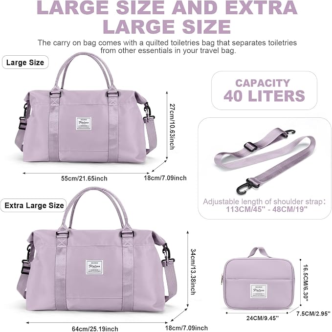 HYC00 Travel Duffel Bag with Toiletry Bag,Weekender Overnight Bag for Women,Carry-on Bag with Wet Pocket,Gym Bag,Extra Large,Light Purple - Image 2