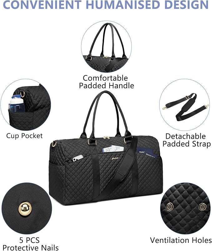 FOCDOD Travel Duffle Bag for Women - Weekender Bags with Shoe Compartment Large Carry on Overnight Tote Bag with Toiletry Bag Traveling Yoga Gym Bags with Wet Pocket Mommy Hospital Bag Black - Image 4