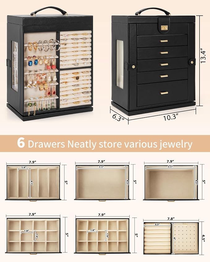 AKOZLIN 6-Tier Jewelry Box Organizer Functional 5 Drawers Leather Jewelry Storage Case for Women Girls Ring Necklace Earring Bracelet Holder Organizer with Mirror XL Black 360° Rotating - Image 4