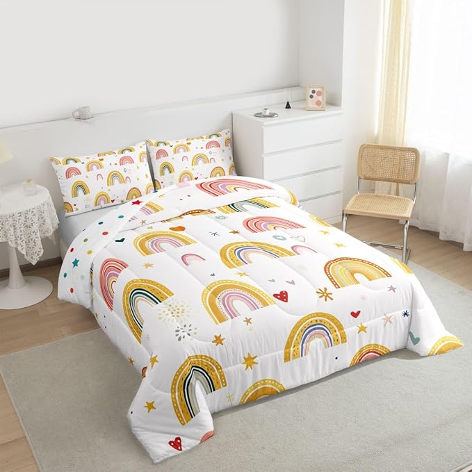 Erosebridal Girls Rainbow Comforter Set, Love Heart Bedding Set Full Size for Kids Boys Children Women, Cartoon Style Stars Duvet Insert Girly Soft Microfiber Quilted Duvet for Bedroom Decor - Image 3