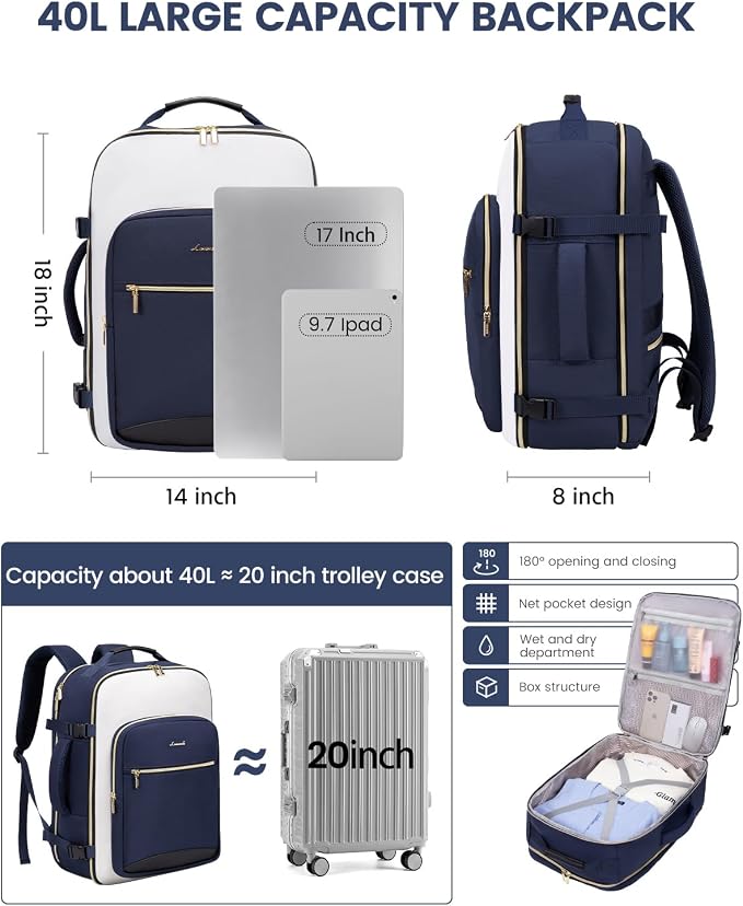 LOVEVOOK Large Travel Backpack for Women & Men, 40L Carry on Backpack for Airplanes, TSA Personal Item Travel Bag fits 17" Laptop, Waterproof Weekender Essentials Airline Approved with 3 Packing Cubes - Image 3