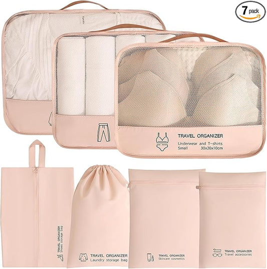 7PCS Packing Cubes for Travel Suitcases Luggage Organizers Travel Accessories Essential Light Cubes Packing for Family Shoe/Clothing/Underwear (Pink)