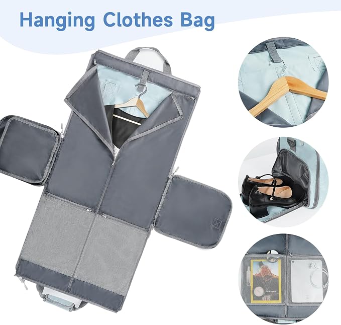 ‌Ytonet Foldable Garment Duffle Bags for Travel, Carry On Convertible Duffel Bag with Shoe Compartment & Water Resistant Fabric, 2-in-1 Hanging Suit Organizer, Mint Green - Image 3