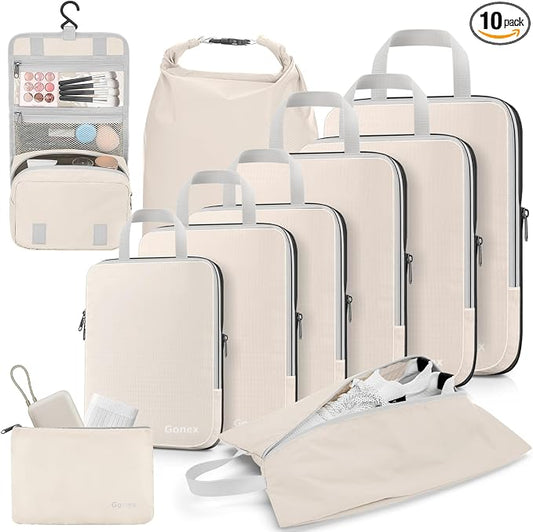 Gonex 10 Set Compression Packing Cubes, Expandable Storage Travel Bags for Suitcase, Luggage Organizers with Hanging Toiletry Bag Laundry Bag Shoe Bag Accessories Bag (Cream) by Gonex