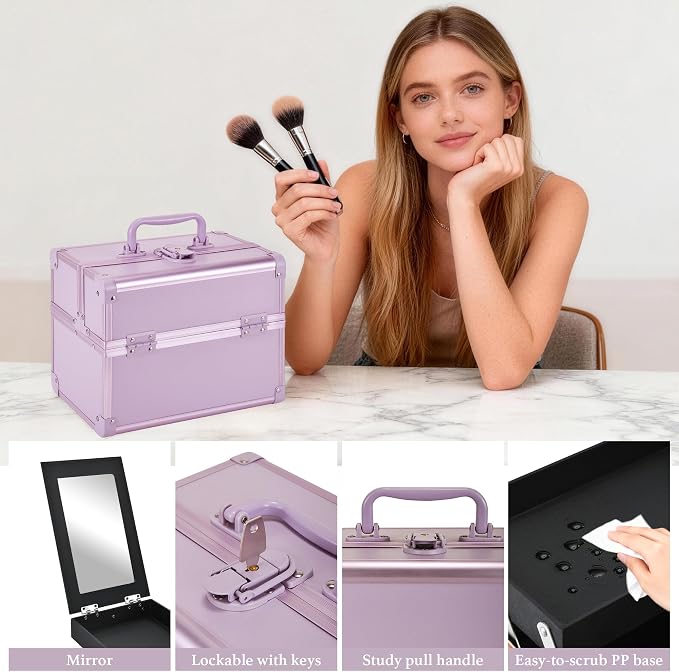 Makeup Train Case, Portable Makeup Case with Mirror, 2-Trays Cosmetic Organizer Case,Nail Polish Organizer, Travel Makeup Box, Profesional for Salon Barber, Purple - Image 6