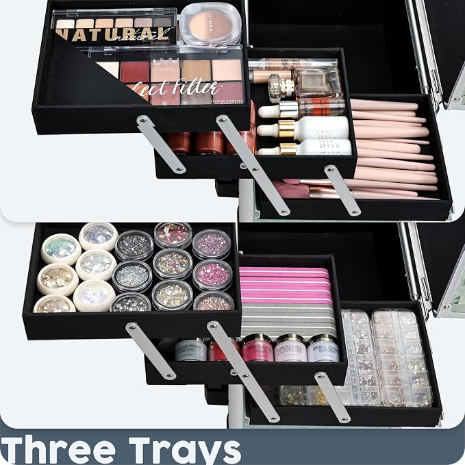 Hododou Blue Rolling Makeup Case with Drawer Travel Trolley Cosmetology Case on Wheel Makeup Storage Salon Barber Case Traveling Cart Trunk for Cosmetologist Nail Tech Hairstylist - Image 3