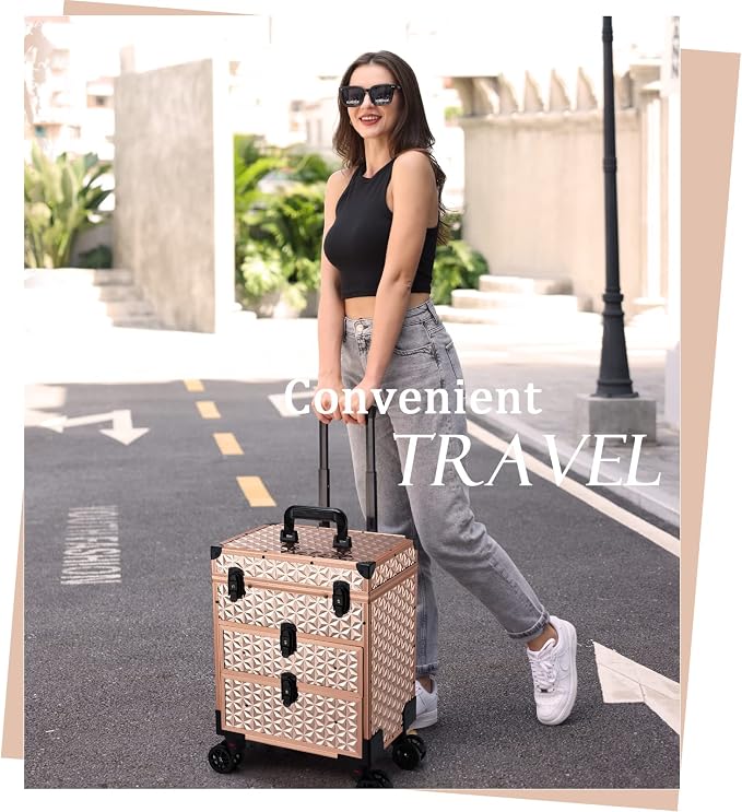 FRENESSA Professional Rolling Makeup Case Aluminum Trolley Train Case with Swivel Wheels for Makuep Artist Travel Cosmetic Organizer with Sliding Drawers for Nail Tech Hairstylist Barber Rose Gold - Image 7