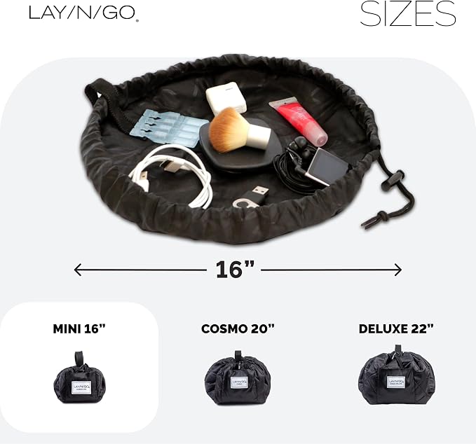 Lay-n-Go Cosmo Layflat Drawstring Cosmetic & Makeup Bag Organizer w/Zipper Pocket, Brush Loops & More, Cinch to Close, Lay Flat to Use, Durable, Machine Wash, Travel Toiletry Bag (16", Black) - Image 5