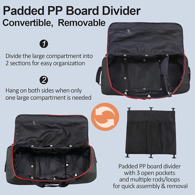 Bagenerous 110L/140L Expandable Soft-Sided Foldable Duffle Bag with 2 Rubber Wheels,Packable 32” Rolling Carry-On with Multi-Pockets & Compartments,Black Red - Image 7