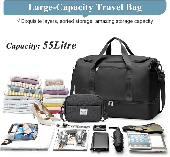 Extra Large Travel Duffle Bag,Carry on Overnight Bag with Shoes Compartment,Weekender Bags for Women for Travel Business Trips Sport Hospital,3 Pcs Set,Black - Image 3