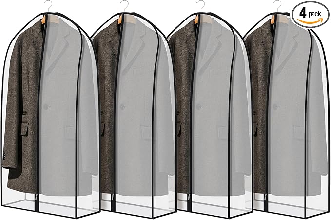Zilink Breathable Garment Bags for Leather Coat 43” Suit Bags for Closet Storage Silky Suit Dust Covers for Hanging Clothes with 7" Gussted Wrinkle Free for Leather Clothing, Fur Coat, Dress, Set of 4 by Zilink