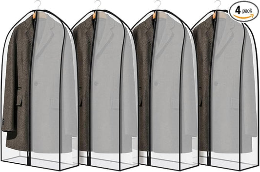 Zilink Breathable Garment Bags for Leather Coat 43” Suit Bags for Closet Storage Silky Suit Dust Covers for Hanging Clothes with 7" Gussted Wrinkle Free for Leather Clothing, Fur Coat, Dress, Set of 4 by Zilink