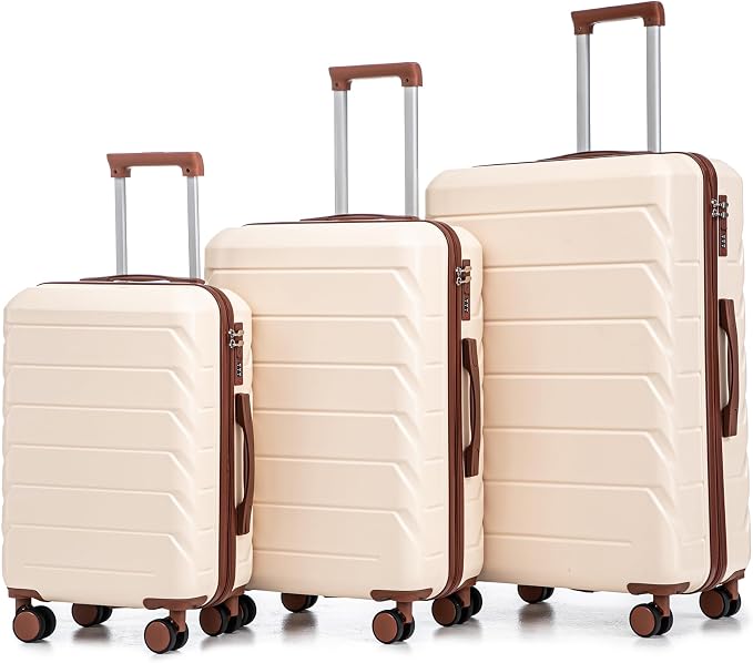 3-Piece ABS Spinner Luggage Set (20" 24" 28") with Combination Lock, Matching Hardshell Suitcases, Beige by LUCCALILY