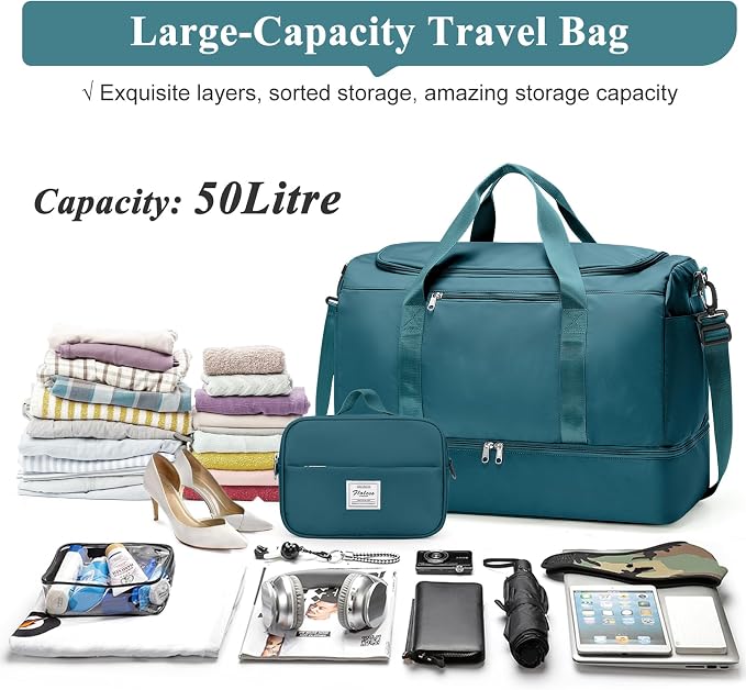 Large Travel Duffle Bag,Carry on Overnight Weekend Bag with Shoes Compartment,Weekender Bags for Women for Travel Business Trips Sport Hospital,2Pcs,Peacock Blue - Image 3