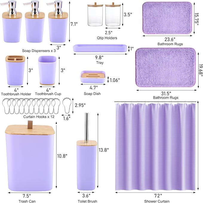 XLHOMO Bathroom Sets with Shower Curtain and Rugs, 27PCS Purple Bathroom Accessories Set with Trash Can, Purple Shower Curtain Set, No Slip Super Absorbent Bathroom Rugs - Image 7