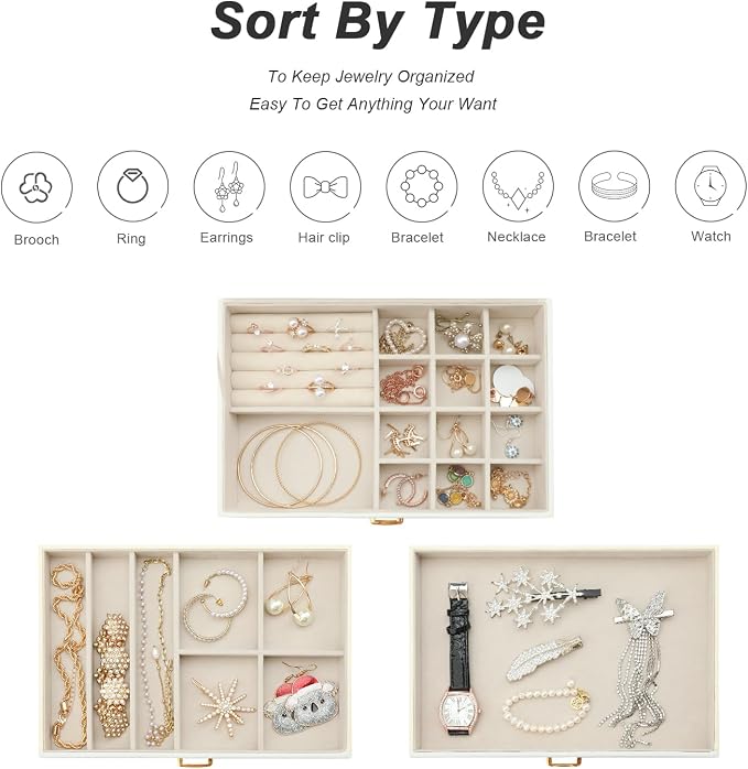 Jewelry Organizer Box, Women Jewelry Box 3 Layers with 2 Drawers, Large Jewelry Organizers Jewelry Boxes Display Earring Necklace Watch Bracelet and Rings, White - Image 5