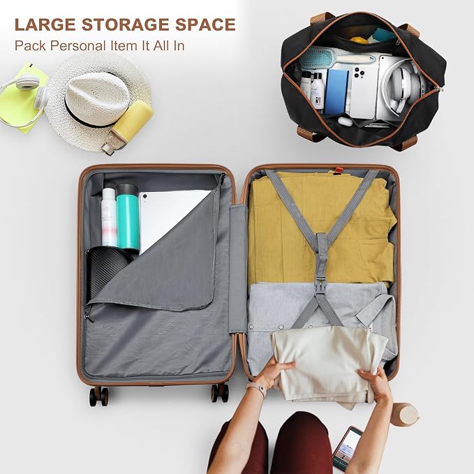 Kono Luggage Set 4 Piece Carry On Hardside Luggage with Spinner Wheels | Lightweight PC+ABS Carry On Suitcase with TSA Lock Apricot Black - Image 7