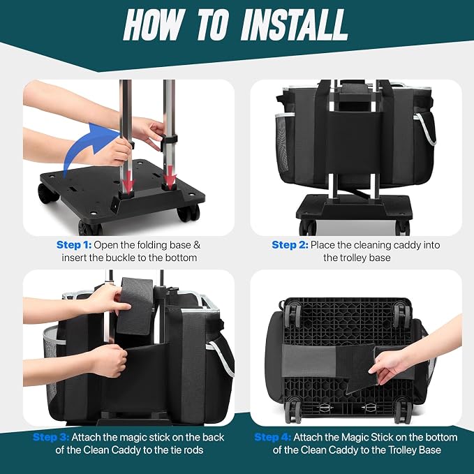 Large Rolling Cleaning Caddy Bag with Detachable Trolley, Full Support Plates for Professional Cleaning Supplies Bag, Organizer Bag with 4 Universal Wheels for Housekeepers, Car Wash - Image 3