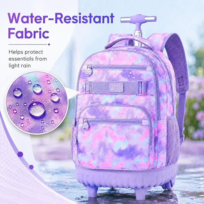3Pcs Rolling Backpack for Girls, 19 Inche Women Roller Bag with Wheels for Adults, Wheeled Bookbag with Lunch Box(Purple) - Image 3