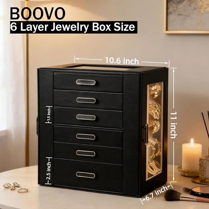BOOVO Clear Lid Jewelry Box,6 Layers Jewelry Organizer Large Jewelry Storage Box with 6 Drawers,Jewelry Holder Organzier of Rings Earrings Necklace Bracelets for Women (Black, 6 Layer) - Image 3