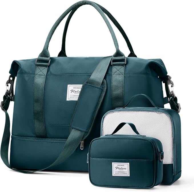 Weekender Bags for Women, Travel Duffel Bags with Shoe Compartment & Wet Pocket,Personal Item Travel Bag for Airlines,Carry on Overnight Tote Bag for women,3Pcs Set，Peacock Blue by SUNMOP