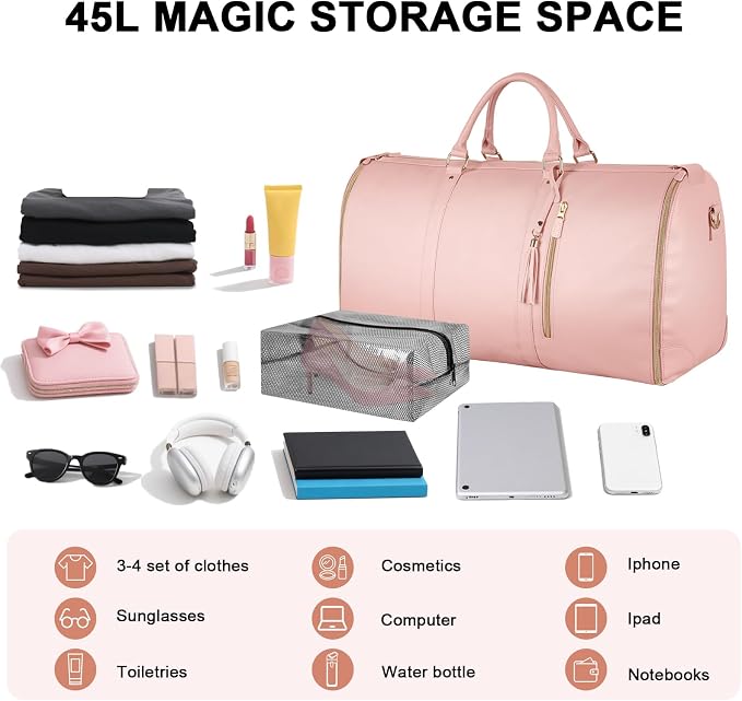 Ytonet Rolling Garment Bags for Travel, Convertible Carry On PU Leather Travel Bag 2.0 Roller Edition, 3 in 1 Suit Garment Duffle Bag with Wheels and Shoe Pouch for Business Wedding Overnight, Pink - Image 3