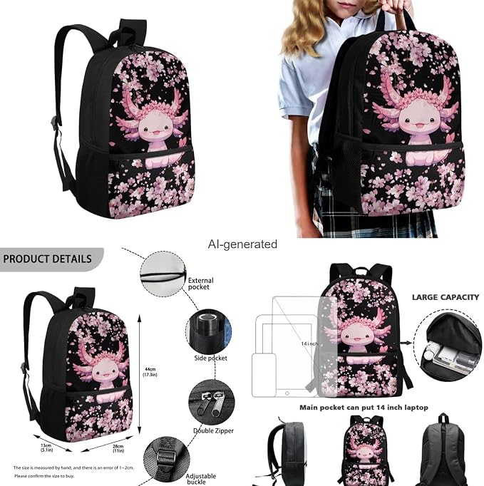 Axolot Back to School Backpack for Girls with Lunch Bag Elmentary Middle School Bags Bookbag Large Capacity Backpack Casual Sports Bookbag Back Pack for Travel and Daily Use - Image 3