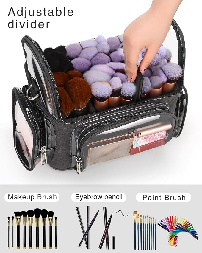 TANTO Clear Makeup Brush Case,Stand-up Makeup Cup Large Cosmetic Organizer Holder Professional Makeup Artist Travel Case with Adjustable Divide&Strap (02-Black（X Large）) - Image 3