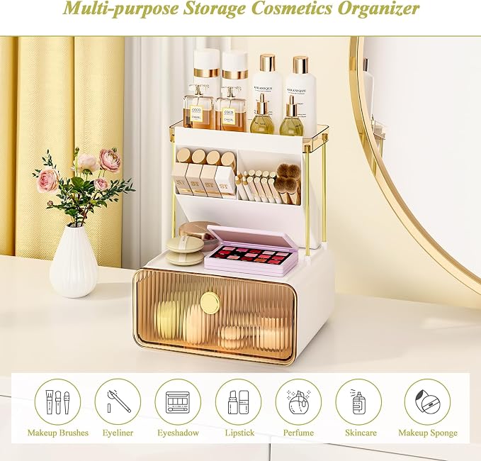 FOLLOWIN 3 Tiers Makeup Organizer with Drawer, Cosmetic Display with Lipsticks Brush Holder, Cosmetics and Beauty Supplies Organizers for Vanity, Dresser, Bathroom Desktop Countertop Organizer, Amber - Image 2