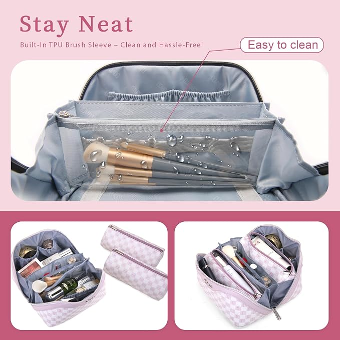 BOYATU Travel Makeup Bag Organizer Cosmetic Bag: 3 Pcs Set Make up Bags for Women with Handle - Waterproof Vegan Leather Toiletry Bags Travel Essentials Pouch with Compartments (H-05-Pink) - Image 3