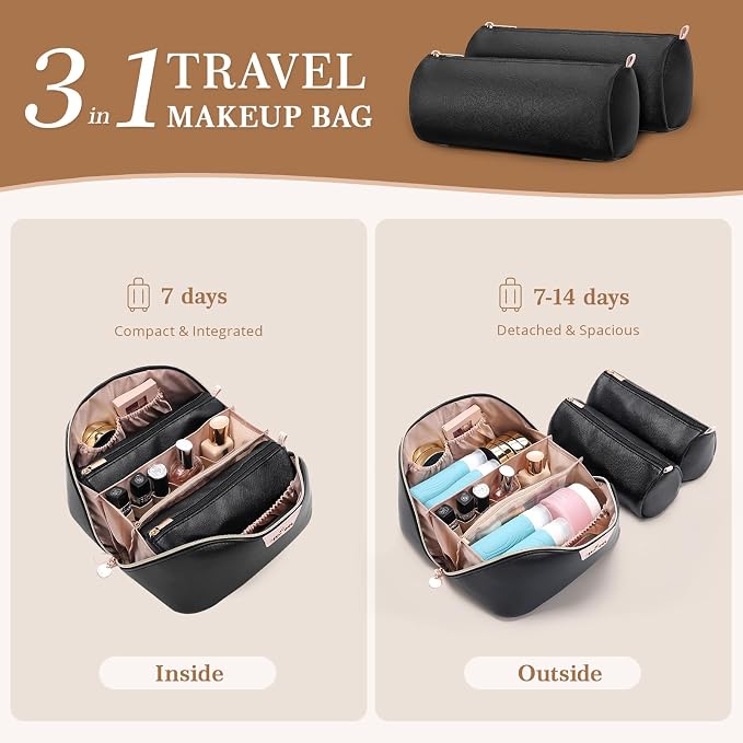Travel Makeup Bag for Women: 3-in-1 Large Capacity Cosmetics Organizer with 2 Detachable Pouch - Vegan Leather Flat Open Toiletry Bag - Portable Travel Essentials for Full-Sized Bottles-Black - Image 2