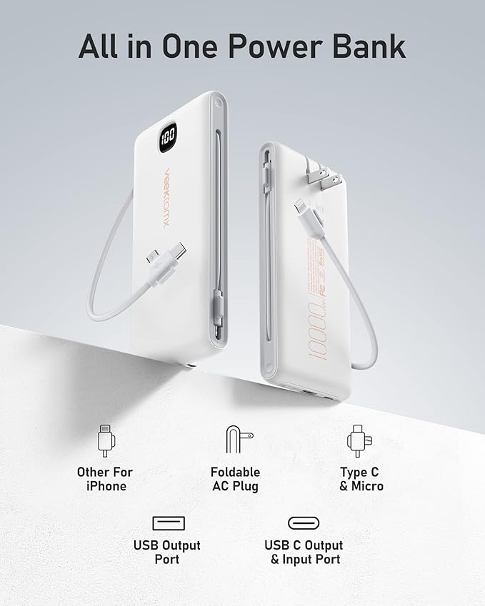 VEEKTOMX Portable Charger with Built in Cables 10000mAh, Power Bank for iPhone with AC Wall Plug, Fast Charging USB C Slim Battery Pack with LED Display Compatible with iPhone 17/16/15/14, Samsung