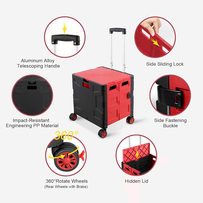FELICON Folding Utility Cart Rolling Crate Handcart Basket Tote-Red+Black | Collapsible Hidden Lid,Plastic Box,Telescoping Handle,4 Rotate Wheels for Travel Shop Move Grocery Laundry Office Teacher Use - Image 2