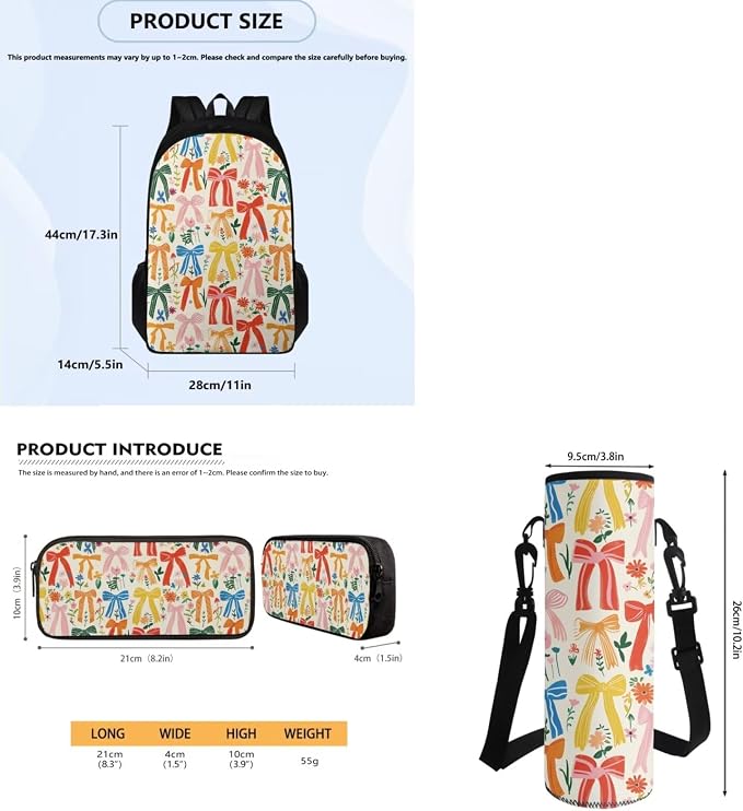 Girls Bow Prints Backpack with Leakproof Lunch Box Pencil Box Water Bottle Bag for School, Large Capacity School Bag for Kids Kindergarten, Primary School - Image 7