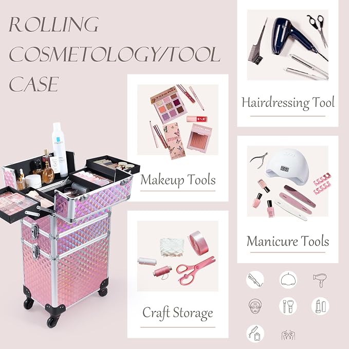 3 in 1 Professional Rolling Makeup Train Case Aluminum Trolley Case with 360° Rotation Wheels for Makuep Artist Cosmetic Suitcase Organizer with Lock and Key Diamond Pattern - Pink - Image 4