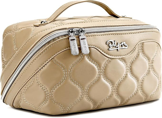 BOYATU Travel Makeup Bags for Women Cosmetic Bag: Puffy Make up Bags Set of 3 - Vegan Leather Makeup Organizer - Waterproof Large Toiletry Bag with Compartments - Travel Essentials (H-2-Khaki) by BOYATU