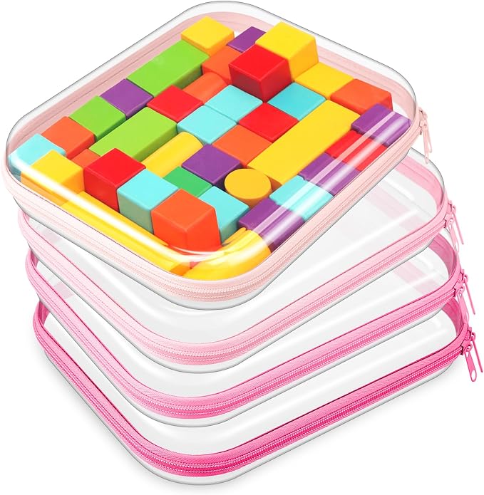 Hoolerry 4 Pcs Hard Clear Zipper Case Makeup Bags Plastic Zipper Pouch Transparent Storage Box Containers for Cosmetics, Snacks, Building Blocks, Puzzles(Clear,9.8 x 7.9 x 2 in,Pink) by Hoolerry