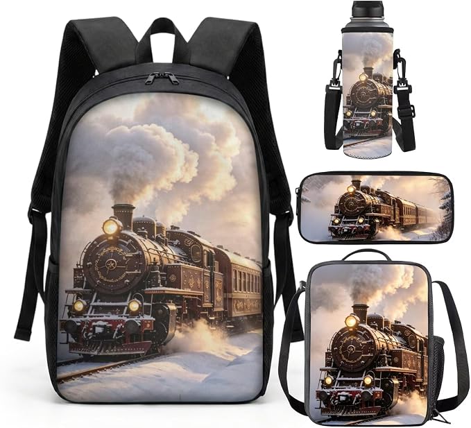 Steam Train Backpack with Lunch Box Kids Girls 6-8/8-10 Retro Bookbag for 2nd Grade Elementary School Back Pack and Lunchbox 4 in 1 Primary Schoolbag Set by SCRAWLGODDreamWardrobe