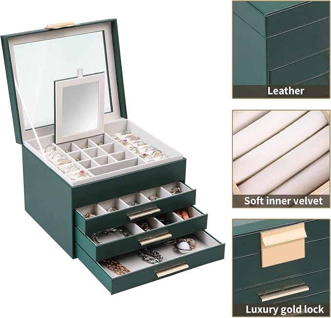 BOOVO Clear Lid Jewelry Box,3 Layers Jewelry Organizer Large Jewelry Storage Box with 2 Drawers,Jewelry Holder Organzier of Rings Earrings Necklace Bracelets for Women (Dark Green, 4 Layer) - Image 2