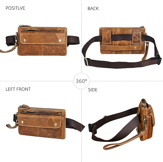 Water Resistant Canvas + Leather Hiking Riding Travel Fanny Waist Pack Small Phone Pouch For Men Women FB811-29 (100% Leather-The 8136 Brown2) - Image 4