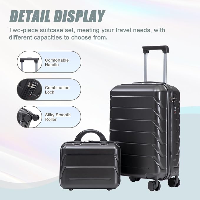 Gradient Color Suitcase 2-Piece Set, 20" Rotating Wheel Suitcase with 14" Cosmetic Case, Lightweight Durable Hardshell Luggage with 360° Spinner Wheels for Travel, Women & Girls (Dark Gray) - Image 2
