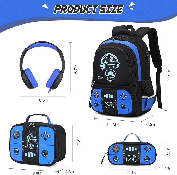Bevalsa Backpack for School Boys,Cool Luminous Gamer Boys Backpacks with Wired Headphones Lunch Box Pencil Case,Kids Schoolbag for Teens Kindergarten Elementary School(Blue Backpack with Headphones) - Image 2