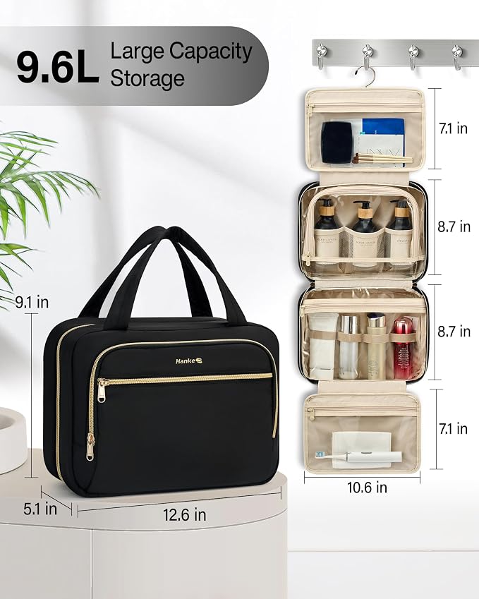 Hanke Hanging Travel Toiletry Bag for Women, Water-Resistant Makeup Organizer with Hook, Cosmetic Bag for Bathroom & Travel Essentials Accessories, Black - Image 5